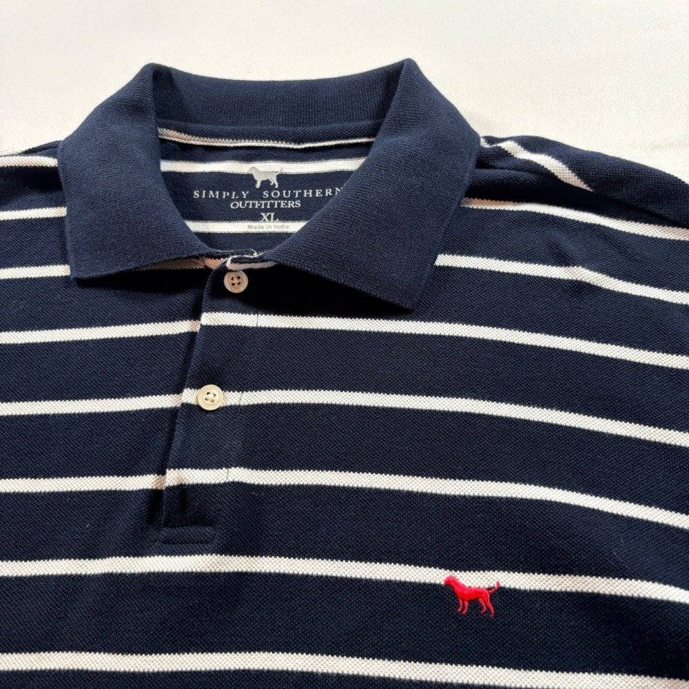 Simply‎ Southern Polo Shirt Mens XL Navy White Striped Cotton Pique Short Sleeve